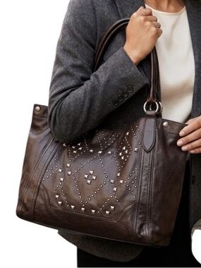 Frye Melissa Native Sun Slouchy Shoulder Bag Satchel Large Brown Leather Studded